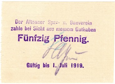 Altona , Notgeld 50 Pfennig Schein unc-kfr. Ti.0080.20.05 , Schleswig 1919 Verkehrsausgabe