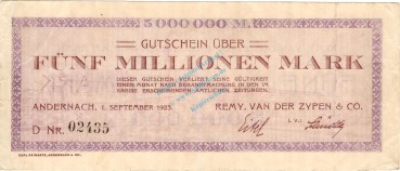 Andernach , Banknote 5 Million Mark Schein in gbr. Keller 99.c , Rheinland 1923 Inflation