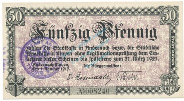 Andernach , Notgeld 50 Pfennig Schein unc-kfr-. Ti.0125.05.05 , RHL 1919 Verkehrsausgabe -0336-