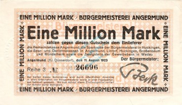 Angermund , Banknote 1 Million Mark unc-kfr. Keller 103.b , Rheinland 1923 Inflation