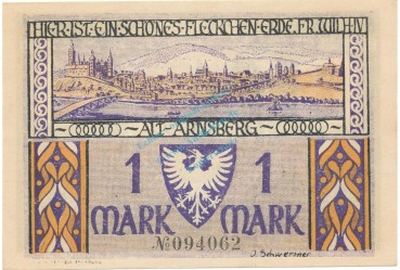 Arnsberg , Notgeld 1 Mark Schein unc-kfr. M-G 42.2 , NRW 1921 Seriennotgeld -5766-
