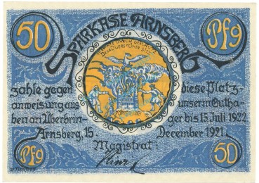 Preview: Arnsberg , Notgeld 50 Pfennig Schein unc-kfr. M-G 42.1 , NRW 1921 Seriennotgeld -5772-