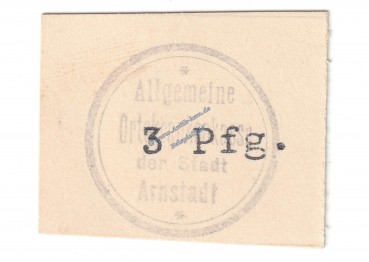 Arnstadt AOK , Notgeld 3 Pfennig Schein in kfr. Tieste 0200.05.22 , Thüringen o.D. Verkehrsausgabe