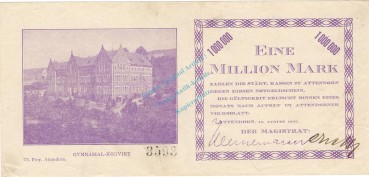 Attendorn , Banknote 1 Million Mark Schein gbr Keller 171.a6 , Westfalen 1923 Inflation