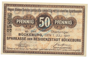 Bückeburg , Notgeld 50 Pfennig Schein unc-kfr. Ti.0990.05.02 NDS 1917 Verkehrsausgabe -4254-