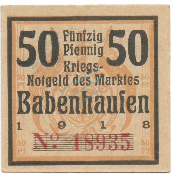 Babenhausen , Notgeld 50 Pfennig Schein unc-kfr-. Ti.0275.05.20 , BAY 1918 Verkehrsausgabe -4235-