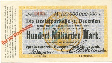 Bad Bevensen , Banknote 100 Milliarden Mark unc-kfr. Keller.394.b Niedersachsen 1923 Inflation -3613-