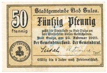 Bad Sulza , Notgeld 50 Pfennig Schein unc-kfr. Ti.7230.05.21 TH 1920 Verkehrsausgabe -4318-
