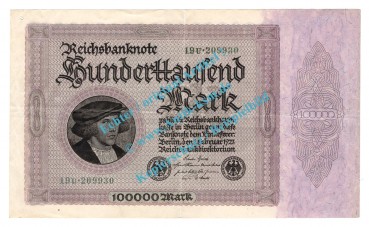 Banknote , 100.000 Mark KN -schwarzgrün- in gbr. DEU-93.e, Ros.82, P.83, Weimarer Republik - InflationBanknote , 100.000 Mark KN -schwarzgrün- in gbr. DEU-93.e, Ros.82, P.83, Weimarer Republik - Inflation