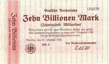 Banknote , 10 Billionen Mark Schein unc-kfr. RVM-17, S.1030, Reichsbahn 1923