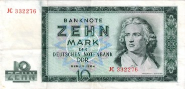 Banknote , 10 Mark Schein in gbr. DDR-17.a, Ros.355, P.23, DDR 1964 deutsche Notenbank