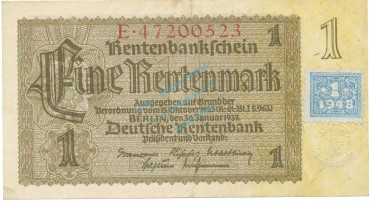 Banknote , 1 Mark Schein -Kupon- gbr. SBZ-1b, Ros.330, P.1, DDR 1948 Alliierte Besatzung