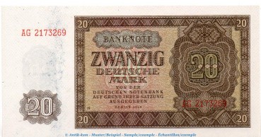 Banknote , 20 Mark Schein in kfr. DDR-6, Ros.344, P.13 , von 1948 , Deutsche Notenbank