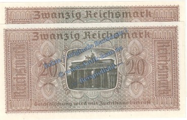 Preview: Banknote , 20 Reichsmark -2 x fortl. KN- in kfr. ZWK-5, Ros.554, P.139 , Drittes Reich o.D. Reichskreditkasse