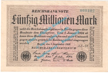 Banknote , 50 Millionen Mark -KN blau- in gbr. DEU-123.i P.109, 1923 Inflation