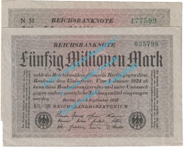 Banknote , 50 Millionen Mark -KN schwarz- in gbr. DEU-122... P.109, 1923 Inflation