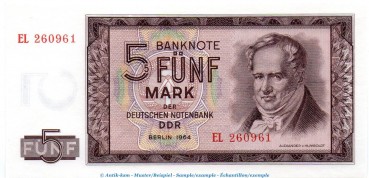 Banknote , 5 Mark Schein in f-kfr. DDR-16, Ros.354, P.22 , von 1964 , Deutsche Notenbank