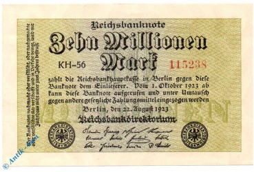 Banknote über 10 Millionen Mark Schein -Hakensterne-  in kfr. DEU-118 g , P 106 , von 1923 , Deutsches Reich , Inflation