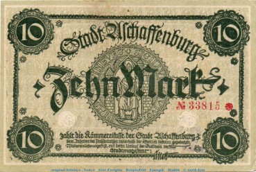 Banknote Aschaffenburg , 10 Mark Schein in kfr.E Geiger 022.02 , o.D. Bayern Großnotgeld