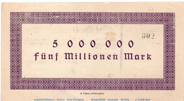 Preview: Banknote B. Amt Hoffnungsthal , 5 Millionen Mark Schein in kfr. Keller 2407. 20.08.1923 , Rheinland Großnotgeld Inflation