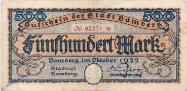 Banknote Bamberg , 500 Mark Schein in gbr. Müller 190.2 , 1922 , Bayern Großnotgeld Inflation