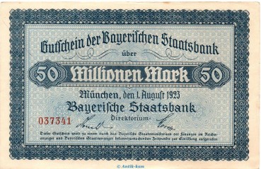 Banknote Bay. Staatsbank München , 50 Millionen Mark Schein in kfr. Keller 3657.c von 1923 , Bayern Großnotgeld - Inflation