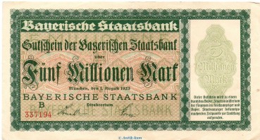 Preview: Banknote Bay. Staatsbank München , 5 Millionen Mark in f-kfr. Keller 3657.c-d von 1923 , Bayern Großnotgeld - Inflation