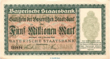 Banknote Bay. Staatsbank München , 5 Millionen Mark in f-kfr. Keller 3657.c-d von 1923 , Bayern Großnotgeld - Inflation