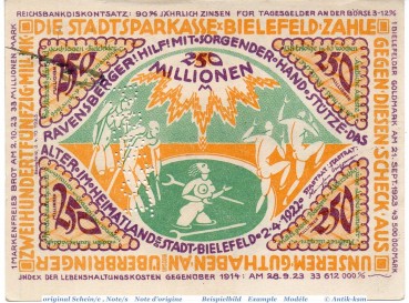 Banknote Bielefeld , P.Rüst 250 Millionen Mark Schein in kfr. Keller 415.e , 04.10.1923 , Westfalen Großnotgeld Inflation