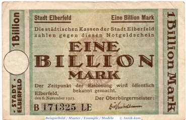 Banknote Elberfeld , 1 Billion Mark Schein in gbr. Dreiecke , Keller 1294.bb , 6.11.1923 , Rheinland Großnotgeld