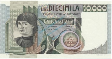 Banknote Italien , 10.000 Lire Schein unc-kfr. 1976-84, WPM.106 -Mann li.- 0336