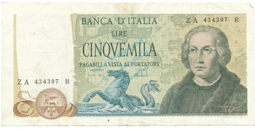 Banknote Italien , 5.000 Lire Schein 1971-77, WPM.102 -Columbus- gbr. -0335-