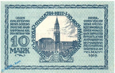 Preview: Banknote Kiel , 10 Mark Schein in kfr. Geiger 270.04 , 15.10.1918 , Schleswig Holstein Großnotgeld 