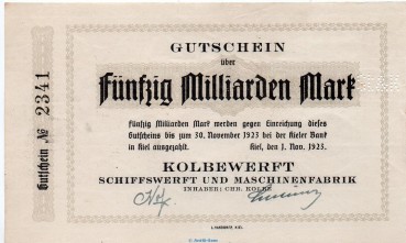 Banknote Kolbenwerft Kiel , 50 Milliarden Mark Schein in kfr. Keller 2626.a von 1923 , Schleswig Holstein Großnotgeld Inflation