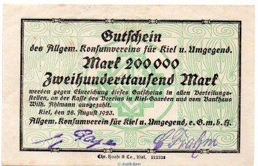 Banknote Konsumverein Kiel , 200.000 Mark Schein in gbr. Keller 2616.a von 1923 Schleswig Holstein Großnotgeld Inflation