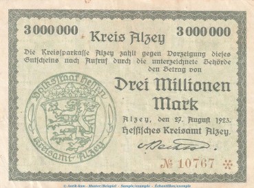 Banknote Kreis Alzey , 3 Millionen Mark Schein in gbr. Keller 87.f , 27.08.1923 , Hessen Großnotgeld Inflation
