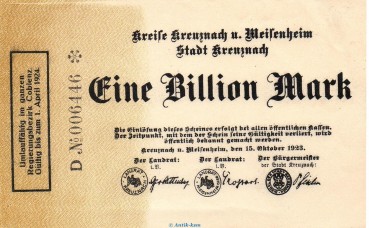 Banknote Kreise Kreuznach und Meisenheim , 1 Billion Mark in kfr. Keller 2814.d von 1923 Rheinland Grossnotgeld Inflation