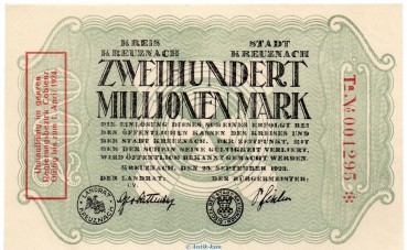 Banknote Kreis und Stadt Kreuznach , 200 Millionen Mark Zonenstempel in kfr. Keller 2813.k von 1923 Rheinland Grossnotgeld Inflation