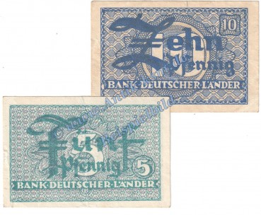 Banknoten , 5 und 10 Pfennig Scheine in gbr. WBZ-11-12, Ros.250-251, P.11-12 , Kopfgeld Bank deutscher Länder