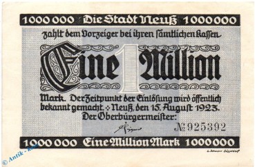 Banknote Neuss , 1 Million Mark Schein in gbr. Keller 3840.d , 15.08.1923 , Rheinland Großnotgeld Inflation