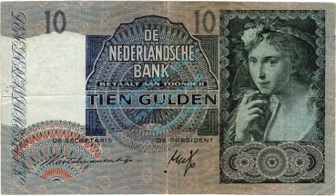 Banknote Niederlande , 10 Gulden Schein 1940-42 -Junge Frau re- gbr. P.56
