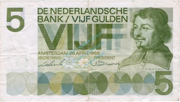 Banknote Niederlande , 5 Gulden Schein 1966 -Joost van den Vondel- gbr. P.90Banknote Niederlande , 5 Gulden Schein 1966 -Joost van den Vondel- gbr. P.90