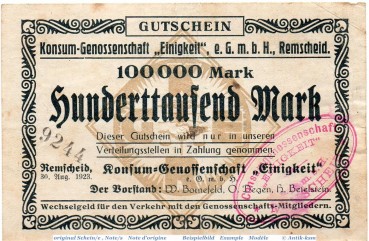 Banknote Remscheid , K. G. Einigkeit 100.000 Mark Schein in gbr. Keller 4528.d , 30.08.1923 , Rheinland Großnotgeld Inflation