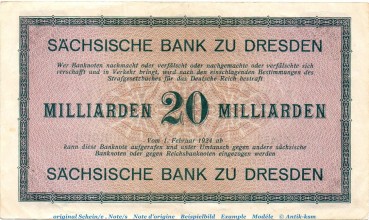 Preview: Banknote Sachsen , 20 Milliarden Mark SAX-22, Ros.760, S.966 in f-kfr , 1923 Länderbanknote
