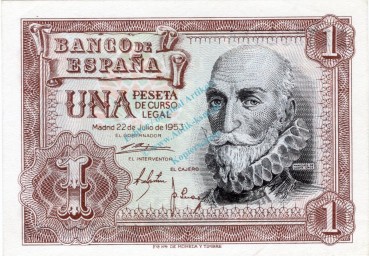 Banknote Spanien , 1 Peseta Schein 1953 -Santa Cruz- unc-kfr WPM.144
