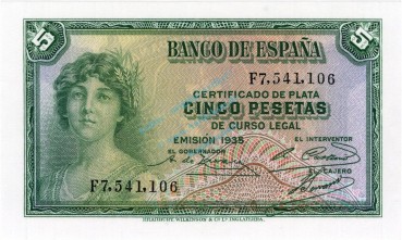 Banknote Spanien , 5 Pesetas Schein 1935 -Woman at left- unc-kfr WPM.85