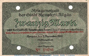 Banknote Stadt Kempten , 20 Mark Schein in gbr.E , Geiger 269.03 , von 1918 , Bayern Inflation
