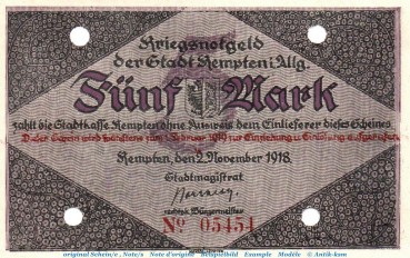 Banknote Stadt Kempten , 5 Mark Schein in kfr.E Geiger 269.01 , von 1918 , Bayern Großnotgeld