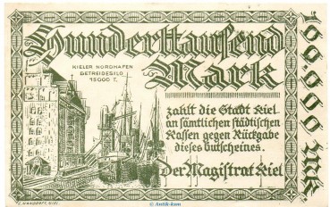 Banknote Stadt Kiel , 100.000 Mark Schein in kfr. Keller 2614.b  o.D. Schleswig Holstein Großnotgeld Inflation
