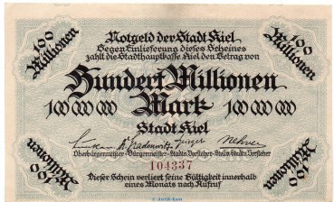Banknote Stadt Kiel , 100 Millionen Mark Schein in L-gbr. Keller 2614.i o.D Schleswig Holstein Großnotgeld Inflation